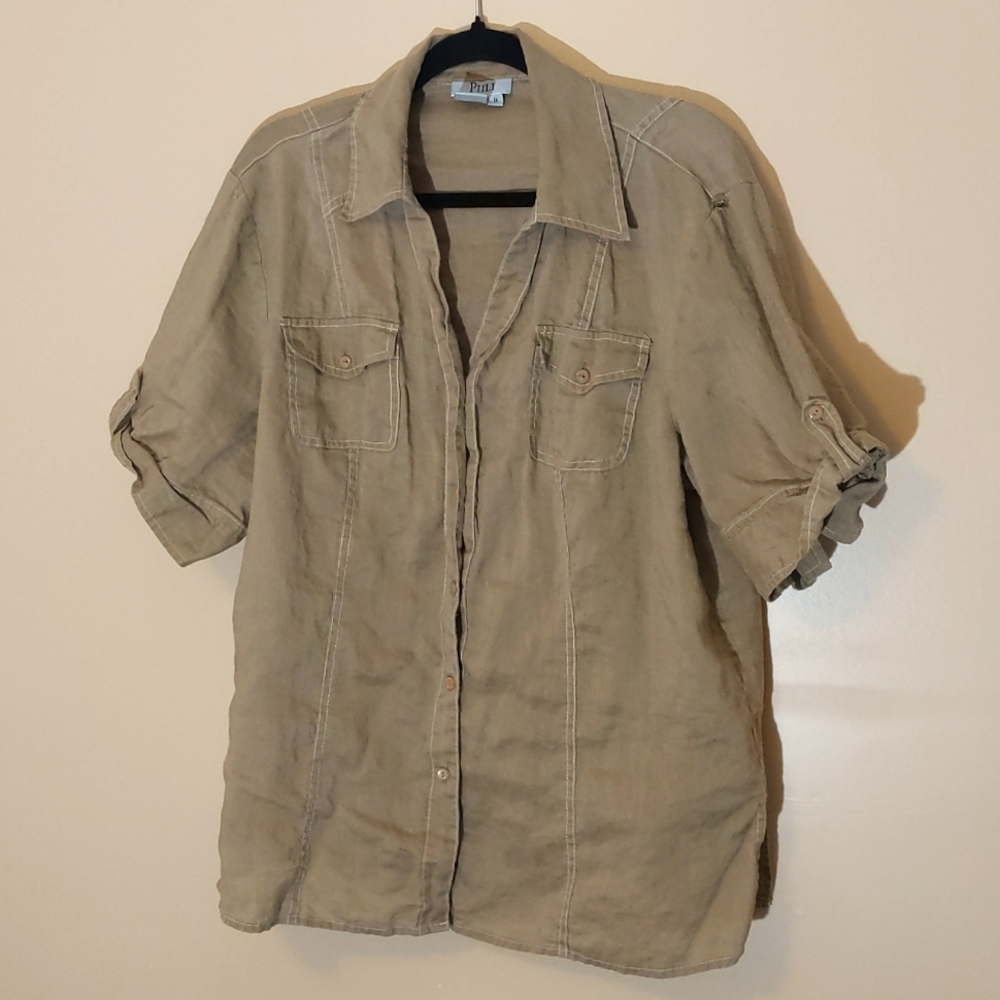 Puli| Tan buttoned down Linen shirt with 2 front button pockets